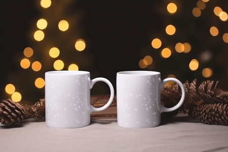 Two white mugs adorned with stars, pine cones nearby, against a festive bokeh backgroundの素材