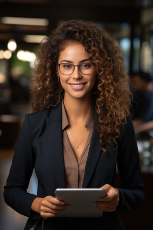Smiling businesswoman with curly hair using a tablet in a busy office environmentの素材