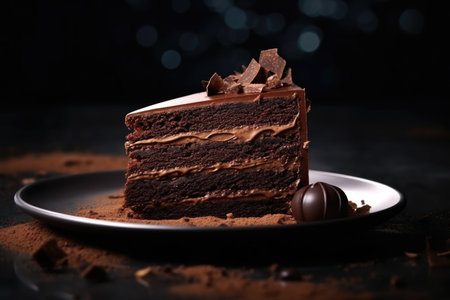 A piece of luxurious layered chocolate cake on a black plateの素材