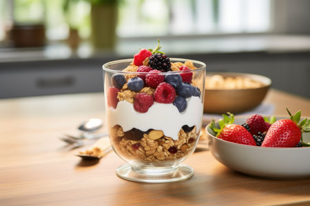 Yogurt parfait with granola and mixed berries in a glass. Soft focus kitchen background. Healthy eating and lifestyle conceptの素材
