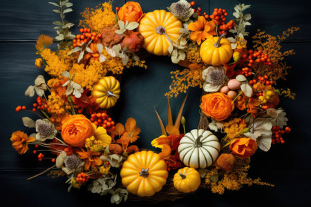 Festive autumnal wreath featuring pumpkins and orange flowersの素材