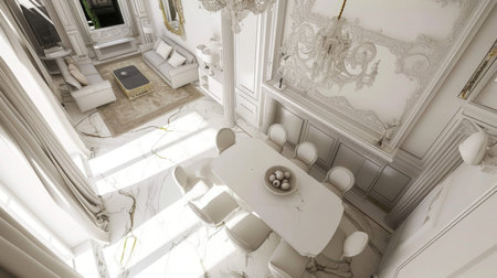 Spacious living room with white marble floors and elegant classical decorの素材