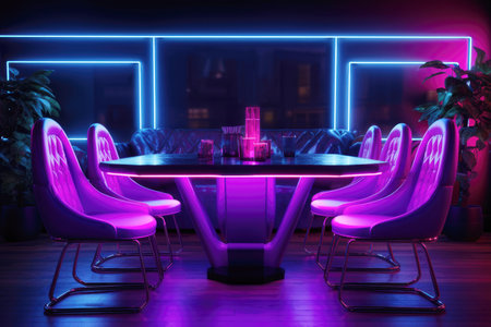 Neon-lit modern dining area with purple chairs. Futuristic interior design concept for restaurant advertisement, posterの素材