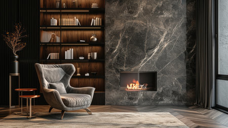 Contemporary library corner with a stylish armchair and a sleek, modern fireplaceの素材