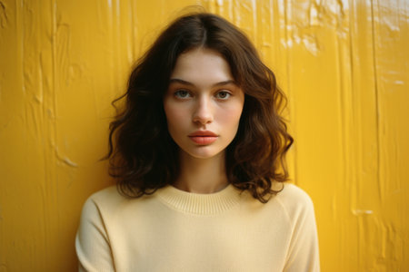 Young woman in a cream sweater with a contemplative expression, standing before a textured yellow backdropの素材