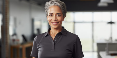 Professional senior businesswoman with a welcoming smile in a corporate environmentの素材