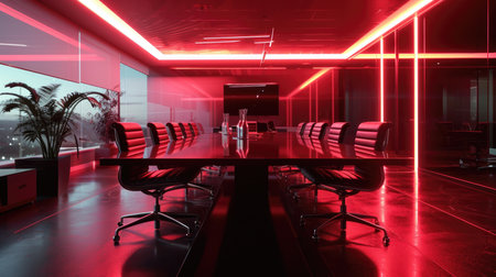 A conference table with red neon lighting in the officeの素材
