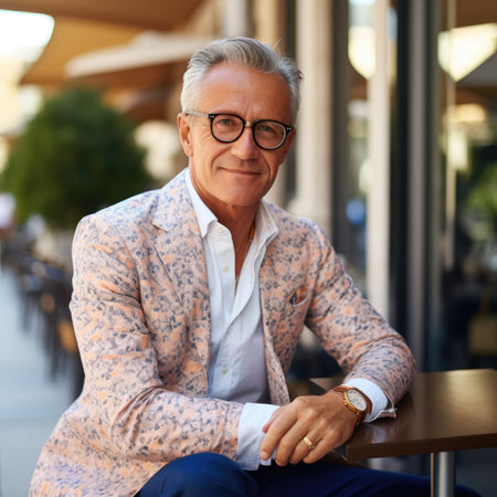 Stylish senior man in a patterned jacket and glasses smiling while sitting at a cafeの素材