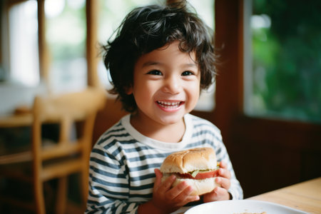 Smiling child holding a sandwich in a bright indoor setting. Happy childhood and healthy eating concept. Design for family dining advertisement, child nutrition posterの素材