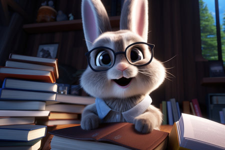 Animated Rabbit in Glasses Excitedly Reading in a Cozy Roomの素材