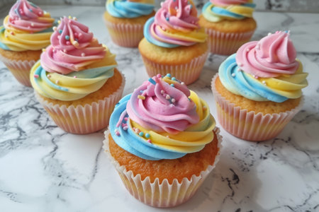 Cupcakes with pink, blue, and yellow swirled icing and sprinkles. Close-up food photography. Dessert and bakery concept for design and printの素材