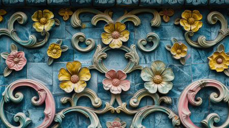 Carved floral ceramic tiles with blue and yellow patterns. Detailed architectural photography. Art and design concept for poster and print.の素材