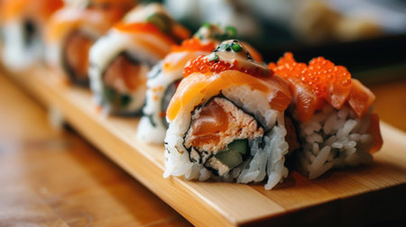 Sushi Rolls with Fresh Salmon, Cream Cheese, and Roe on Wooden Platterの素材
