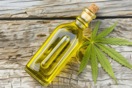 Golden CBD Oil Bottle with Cannabis Leaf on Weathered Woodの素材