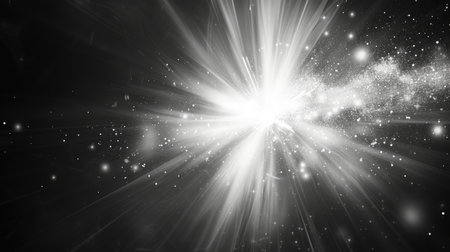 Monochromatic light rays and dust particles background. Black and white starlight with a radiant explosion effectの素材