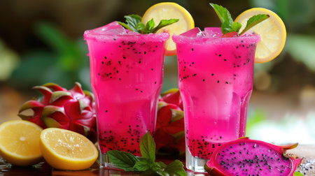 Vibrant pink dragon fruit beverages with ice, garnished with lemon slices and mint leaves, presented with exotic dragon fruits and flowers. Natural backgroundの素材