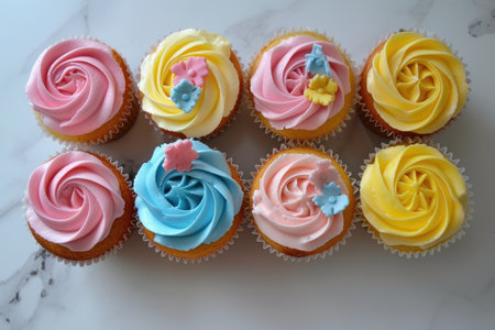 Colorful Cupcakes with Swirled Icing and Floral Decorations on Marble Surfaceの素材