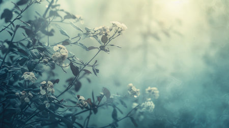 Ethereal floral background with white flowers and a misty blue overlay. Dreamy nature concept suitable for design and print with copy spaceの素材