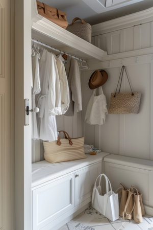 Cozy home interior with a stylish walk-in closet featuring white clothing, straw bags, and wooden accentsの素材