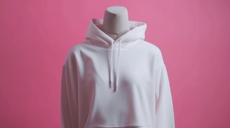 Front view of a plain white hoodie on a mannequin with a pink background. Ideal for fashion design mockup and apparel brandingの素材