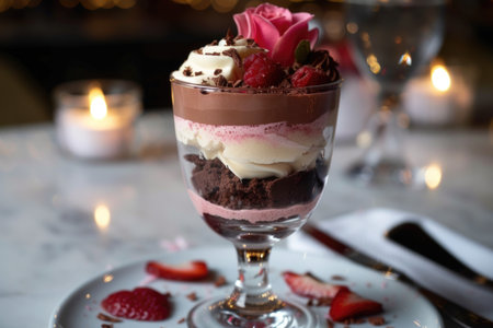 Layered dessert trifle with chocolate, cream, and fresh berries in a glass cup. Romantic dessert setup with candlelight. Gourmet and luxury dining concept for design and printの素材