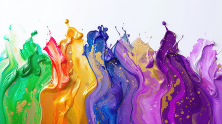 Vibrant liquid paint splash in multiple colors on a white background. Abstract fluid art painting with dynamic streaks and splatterの素材