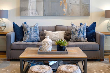 Modern living room interior with gray sofa, patterned blue pillows, and wooden coffee table. Home decor and interior design concept for design and print.の素材