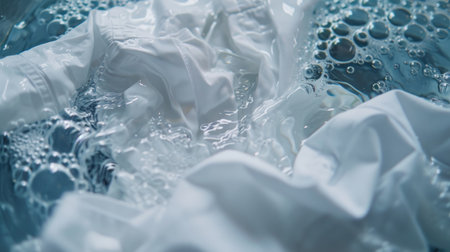 White clothes being washed in water with ships. Laundry and cleanliness concept. Design for detergent brands and homecare guidesの素材