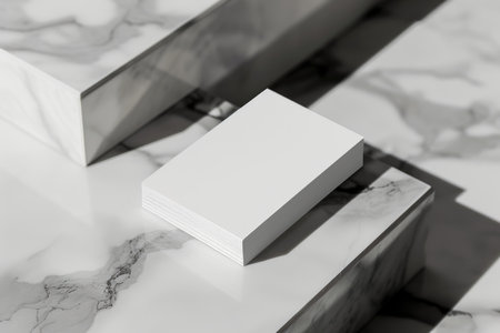 Stack of white business cards on marble table with reflective black surface. Modern corporate branding mockupの素材