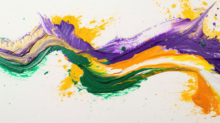 Abstract fluid art with vibrant swirls of purple, yellow, and green paint. Creative and artistic design concept for backgrounds and print materialの素材