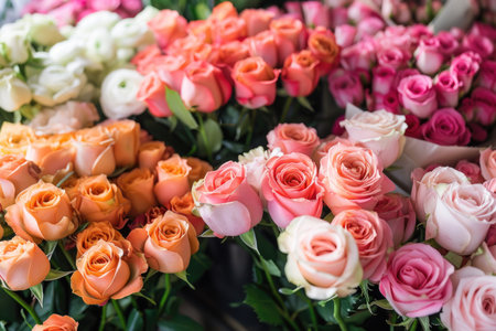 Assorted colorful roses in pink, peach, and white hues at a flower market. Floral beauty and gardening concept for design and printの素材