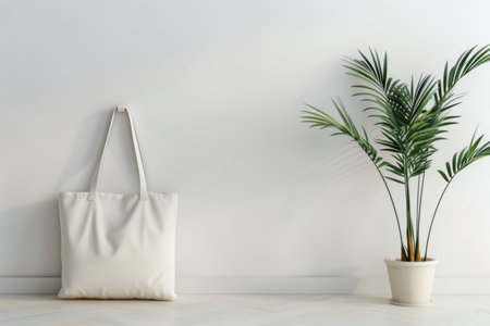 White tote bag leaning against the wall next to a potted palm plant. Minimalistic interior design and eco-friendly lifestyle concept with copy spaceの素材