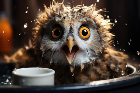 Owl bathing with water splashes. Close-up wildlife photography. Bird hygiene and care concept. Design for education, wildlife preservation, and environmental awarenessの素材