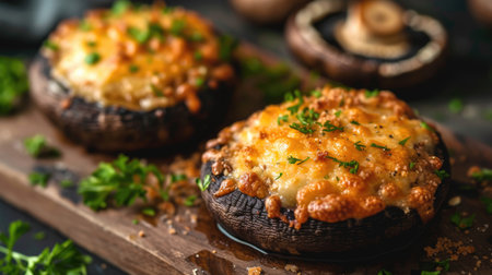 Gourmet Stuffed Mushrooms Topped with Melted Cheese and Parsleyの素材
