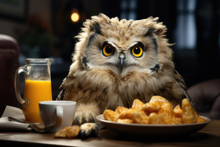 Cartoon owl with a breakfast setup including orange juice and croissants on a wooden table. Morning routine concept for design and printの素材
