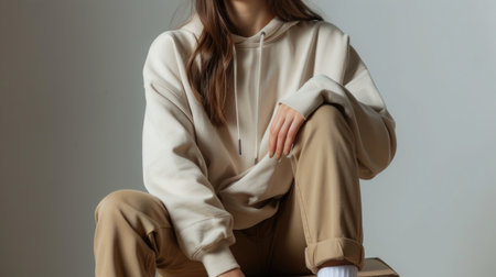 Casual woman in beige hoodie and pants sitting on a box. Comfortable fashion and lifestyle conceptの素材