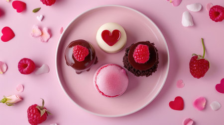 Assorted valentine desserts on pink plate. Valentine's Day and love concept. Flat lay composition with copy space for greeting card or invitation designの素材