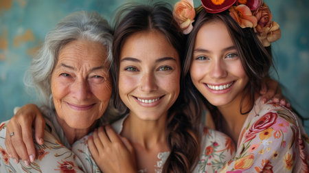 Portrait of three generations of women with floral accessories. Family and love concept. Studio photography for greeting card or poster designの素材