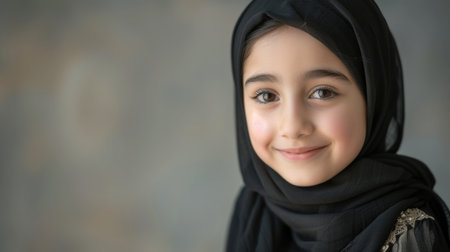 Portrait of a smiling young girl wearing a black hijab. Positive emotion and cultural diversity concept with a soft-focused backgroundの素材