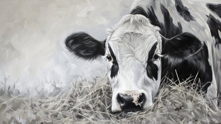Artistic Black and White Cow Portrait on Textured Backgroundの素材