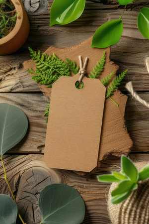 Craft brown tag with natural fern on vintage wood with green foliage. Rustic and eco-friendly label conceptの素材
