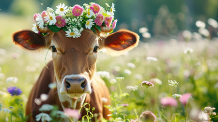 Cow with a flower crown in a blooming field. Animal care and nature concept. Outdoor photography for eco-friendly farming promotionの素材