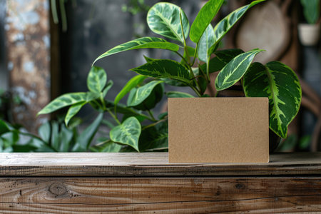 Craft brown paper card on a vintage wooden table with indoor plants. Natural and sustainable branding mockup.の素材