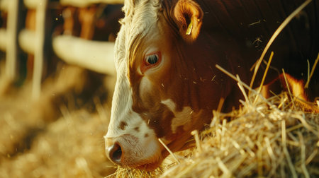 Close-up of a cow's face while feeding on hay in a barn. Farm life and agriculture conceptの素材