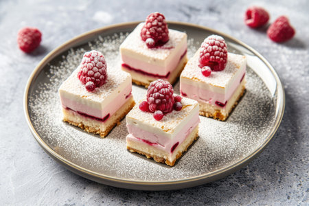 Raspberry layer cakes on a plate with powdered sugar. Studio dessert photography. Sweet food and confectionery concept for design and print. Close-up shot with copy spaceの素材