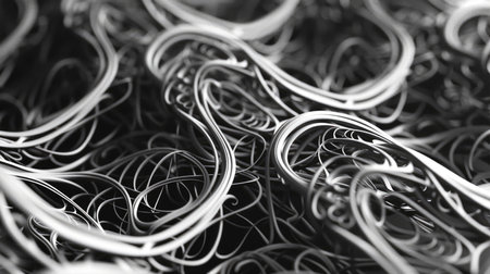 Close-up of tangled silver wires. Abstract technology and complexity concept. Design for background, texture, and tech-related graphicsの素材