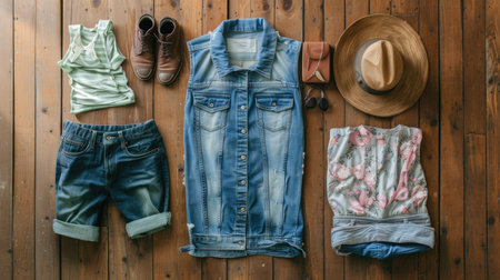 Flat lay of casual men's outfit on wooden background. Fashion and lifestyle concept. Design for textile, interior, wallpaperの素材