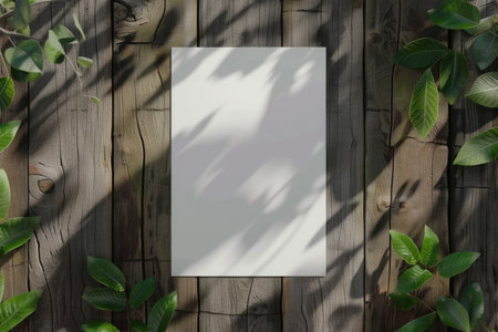 White blank canvas with shadow overlay on a wooden fence surrounded by green leaves. Mockup with copy space for design and art displayの素材