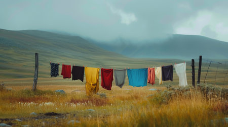 Colorful clothes hanging on a line in a rural landscape. Countryside living and laundry concept. Design for banner, poster, invitationの素材