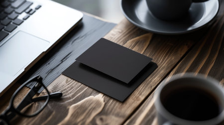 Professional Black Business Card Beside Laptop on Wooden Deskの素材